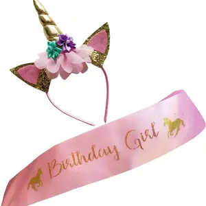 Gold Glitter Unicorn Headband Pink Satin Sash for Happy Birthday Unicorn Party Supplies Decorations