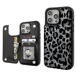 Glitter Leopard print Aesthetics Pattern Phone Cases Compatible For With iphone 17 16 15 14 13 12 PRO PLUS MAX Air PU Black Durable Flip High quality Leather Credit Card Bag Holder Gift Wallet Shockproof Anti-Drop Full Protection Phone Cases Shell Cover