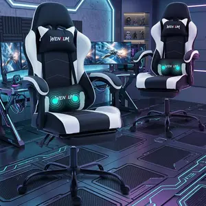 PU Leather Ergonomic Gaming Chair 90-135 Degree Reclining Racing Chair With Retractable Footrest Vibration Lumbar Support Linkage Armrest Height Adjustable 360 Swivel Computer Office Chair