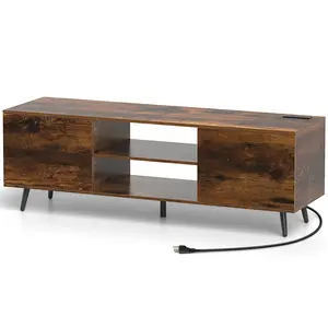 COSTWAY - TV Stand with Power Outlets and Adjustable Shelf for 60 Inch TVs-Rustic Brown