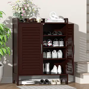 AHB Shoe Organizer Cabinet with Breathable Door, Large 4-Tier Farmhouse Shoe Storage with Adjustable Shelves to Maximize Space, Perfect for Entryway, Foyer, and Closet Organization
