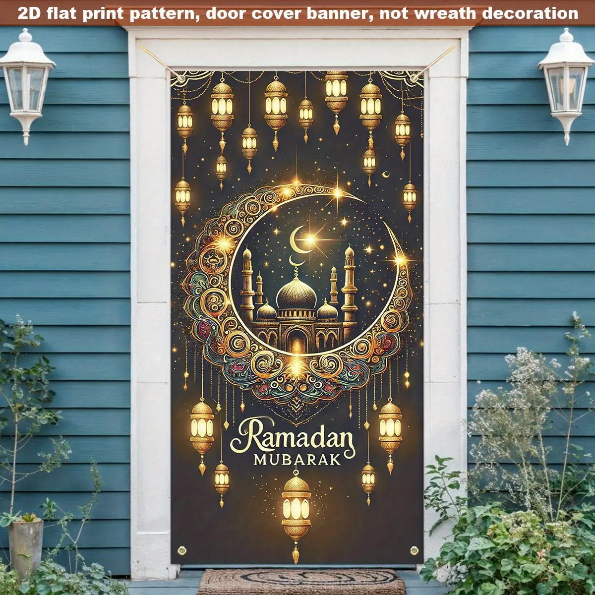 2D Flat, 1pc Islamic Door Hanging Decoration for Home Elegant Golden Filigree Mosque, Moon and Star Hollow out Wall Decor, Ramadan and Eid Decoration, Suitable for Doorways, Muslim Households