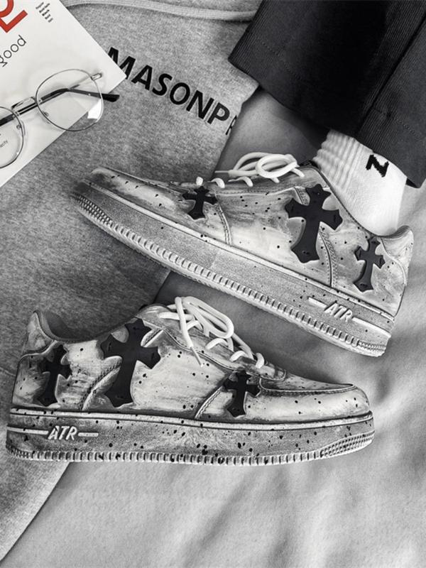 Klein Blue Trend Cross Sneakers - Metal Chain Decoration + Leather Cross Label + Breathable Perforated Upper, Suitable for Street Outfits & Daily Leisure, Eye-Catching Personality Comfortable & Breathable Trendy & Adaptable Strong Fashion Sense