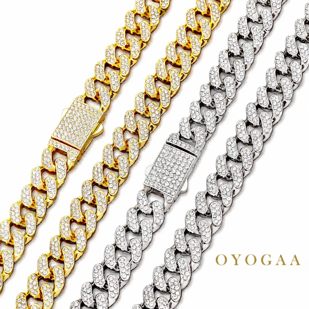 OYOGAA Cuban Link Chain 12mm Miami Cuban Necklace Chain for Men Iced Out 14K Gold Plated Diamond Chunky Necklace