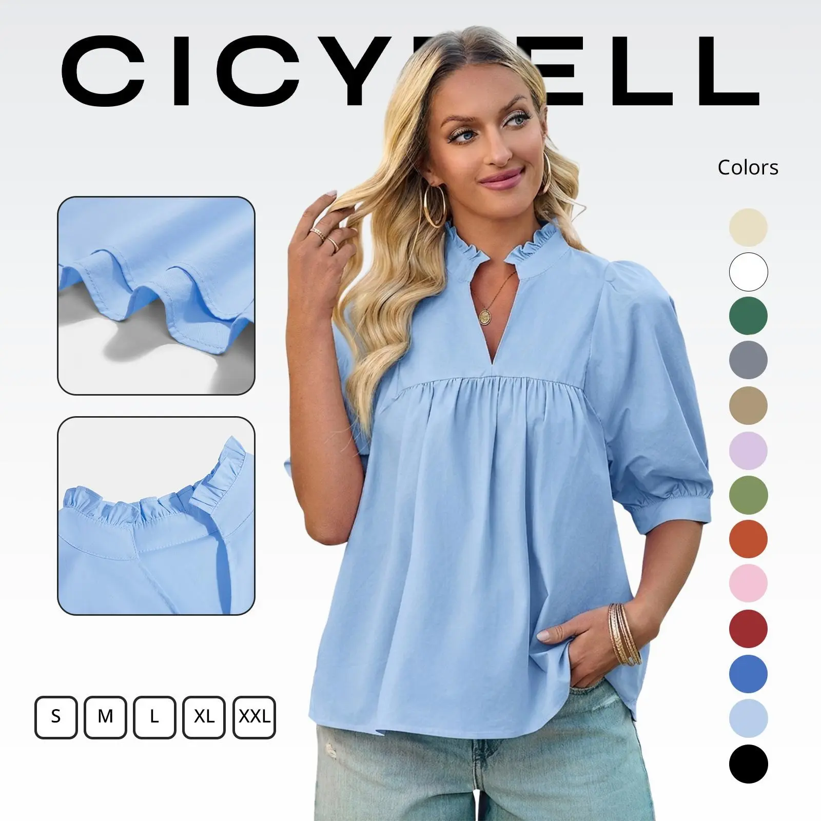 Cicy Bell Womens V Neck Puff Sleeve Blouse Babydoll Peplum Tops Dressy Casual Pleated Loose Fit Shirts