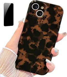 for iPhone 15 Case with Privacy Screen Protector, Aesthetic Tortoise Shell Leopard Pattern, Slim Shockproof Translucent Brown deep Cover, Full Camera Protection, Trendy Case for Women