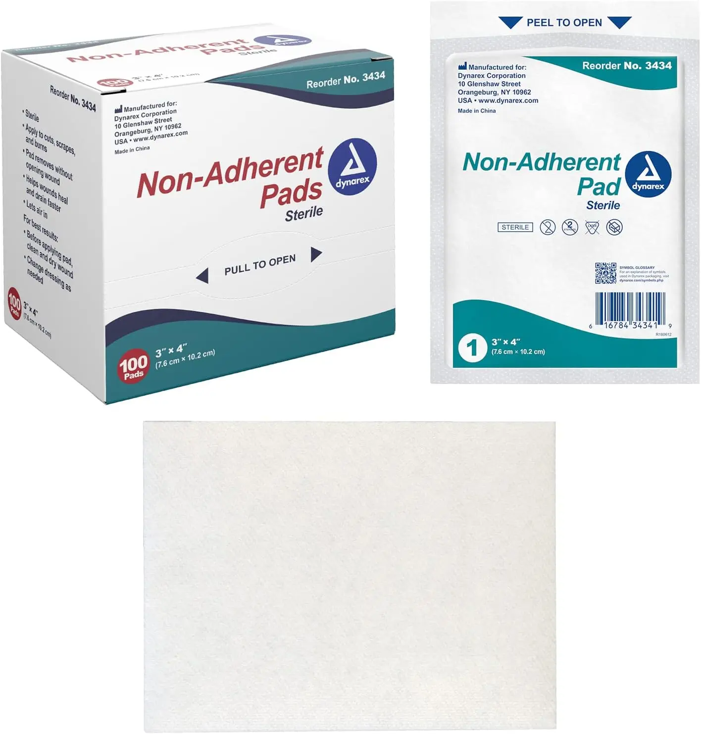 Dynarex Sterile Non-Adherent Wound Pads 3" x 4" Individually Packaged (Box of 100)