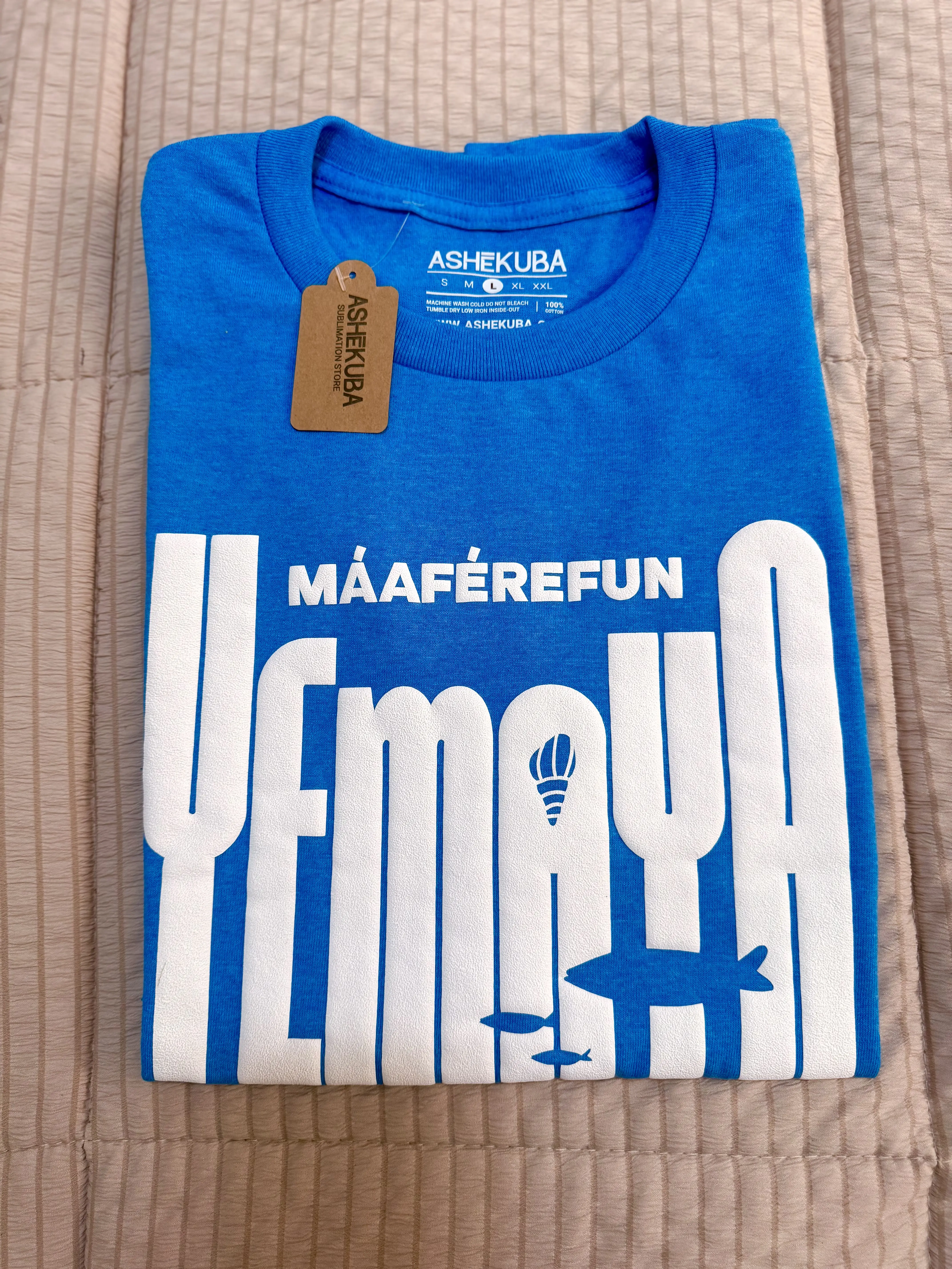 ASHEKUBA Spiritual T-Shirt Yemayá MÁÁFÉRÉFUN YEMAYA Blue Print Unisex Tee 100% Cotton Sublimation USA Made Urban AfroCuban Style