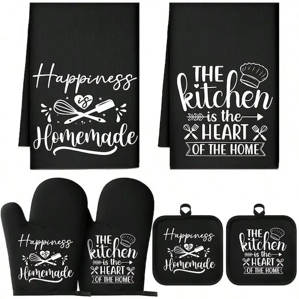 6pcs Kitchen Oven Mitts Set Geometric Design 2 Dish Towels 2 Potholders 2 Cooking Mittens Oven Glove For Baking Cooking Grilling Supply Black Kitchenware Bakeware