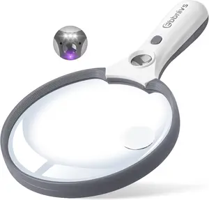 Large Magnifying Glass with Light, Magnifier Handheld Illuminated Lighted Magnifier with 3 LED Lights 1UV Light Storage Bag Clean Cloth for Seniors Reading Inspection (Grey)