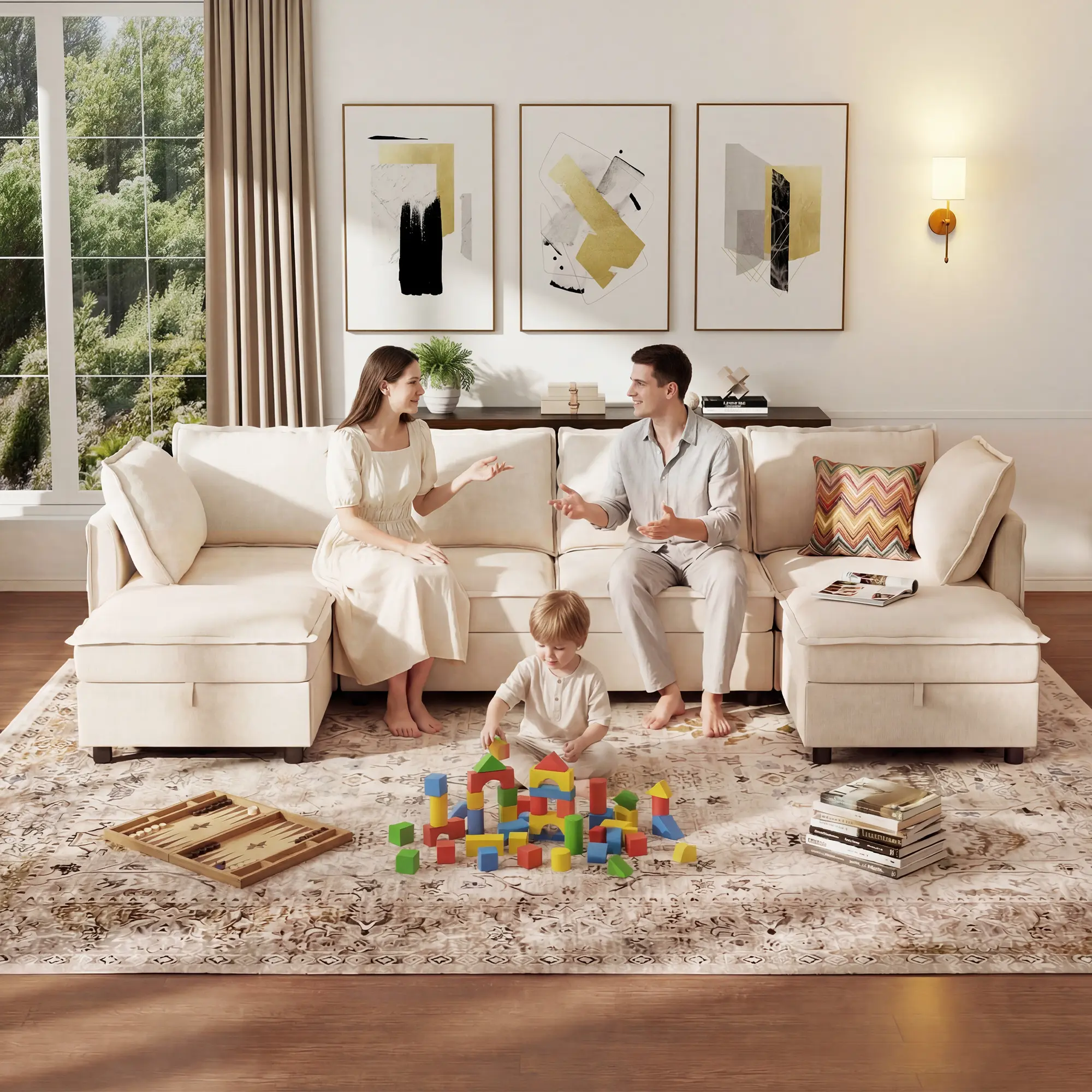 GuroMagicSofa 97" Modular Sectional Sofa with Storage, U-Shaped Modern Sofa Couch with Movable Ottomans for Living Room, Office, Beige