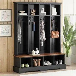 Bellemave  Farmhouse Hall Tree with 8 Hooks, Practical Entryway Bench with Open Compartments, 76.7"H Modern 3-in-1 Wooden Style Coat and Shoe Rack for Mudroom, Living Room