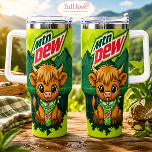 Mtn Dew Highland Cow Tumbler 20oz - 40oz Travel Mug Double-Wall Vacuum Insulated - Cute Baby Cow Graphics, Perfect Gift for Soda Lovers & Farm Animal Fans, summervibes, Eco-Friendly