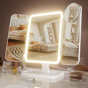 Portable LED Light Makeup Mirror, 3-fold Foldable Rechargeable Mirror with 2x 3x & 10x Magnification, Touch Control Mirror for Travel & Bedroom Use, Lighted Mirror, Rechargeable Trifold Mirror