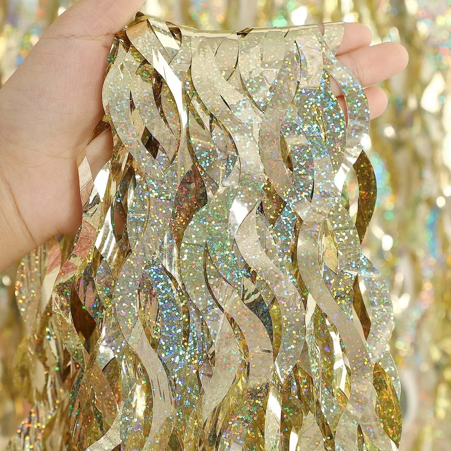 2Pcs Wavy Champagne Gold Fringe Curtain Backdrop, Metallic Holographic Wavy Tinsel Door Streamers for Birthday Party Wedding Graduation Decorations Photo Booth Background, Event Props