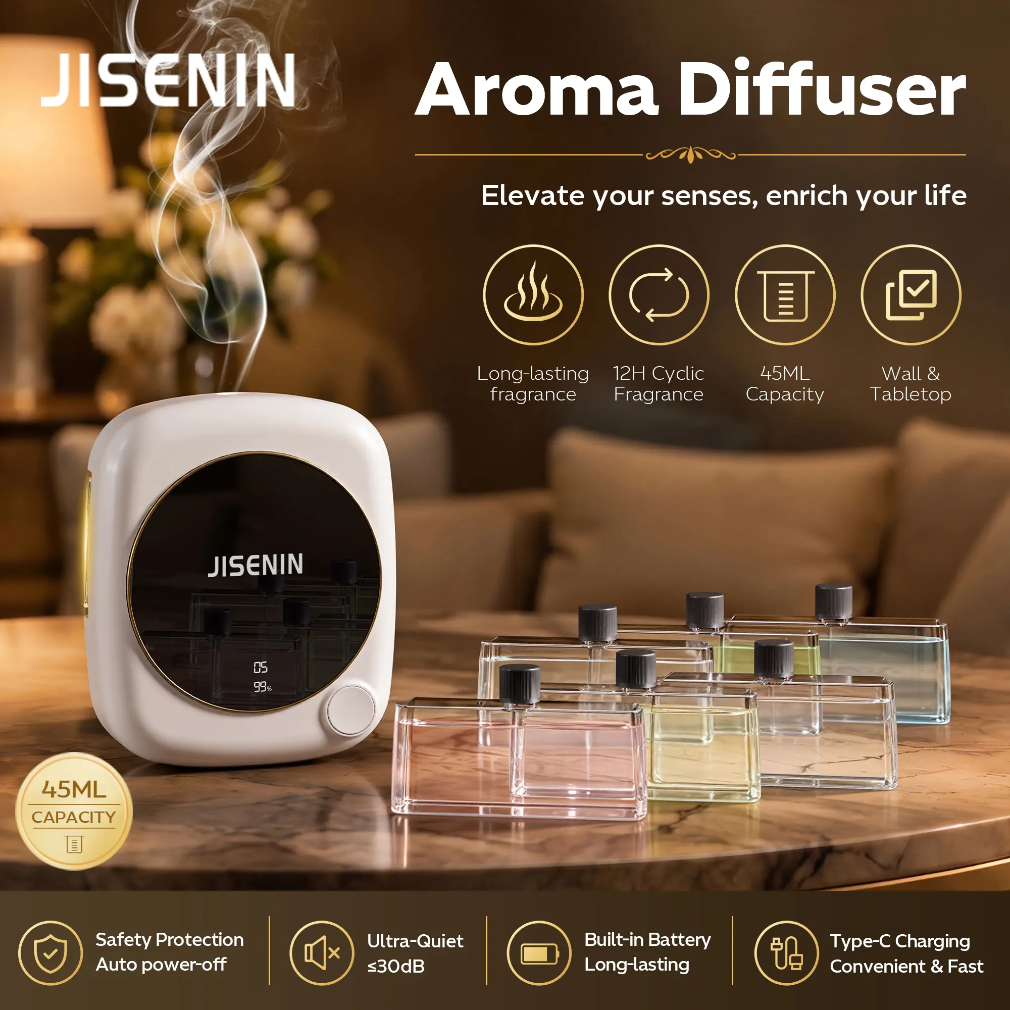 JISENIN Smart Essential Oil Diffuser & Humidifier, Ultrasonic Aromatherapy Diffuser With 6 Mist Modes, 1800mAh Rechargeable Battery, Quiet Operation, Portable With Hanging Hook, Compact Design For Bedroom Desk Bathroom Home Decor