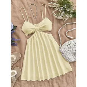 Women'sVacationWhiteWaistHollowV-NeckSpaghettiStrapSummerDress,SummerDressesForWomen,PastelDressesForWomenCasualWearWomenswearPolyester