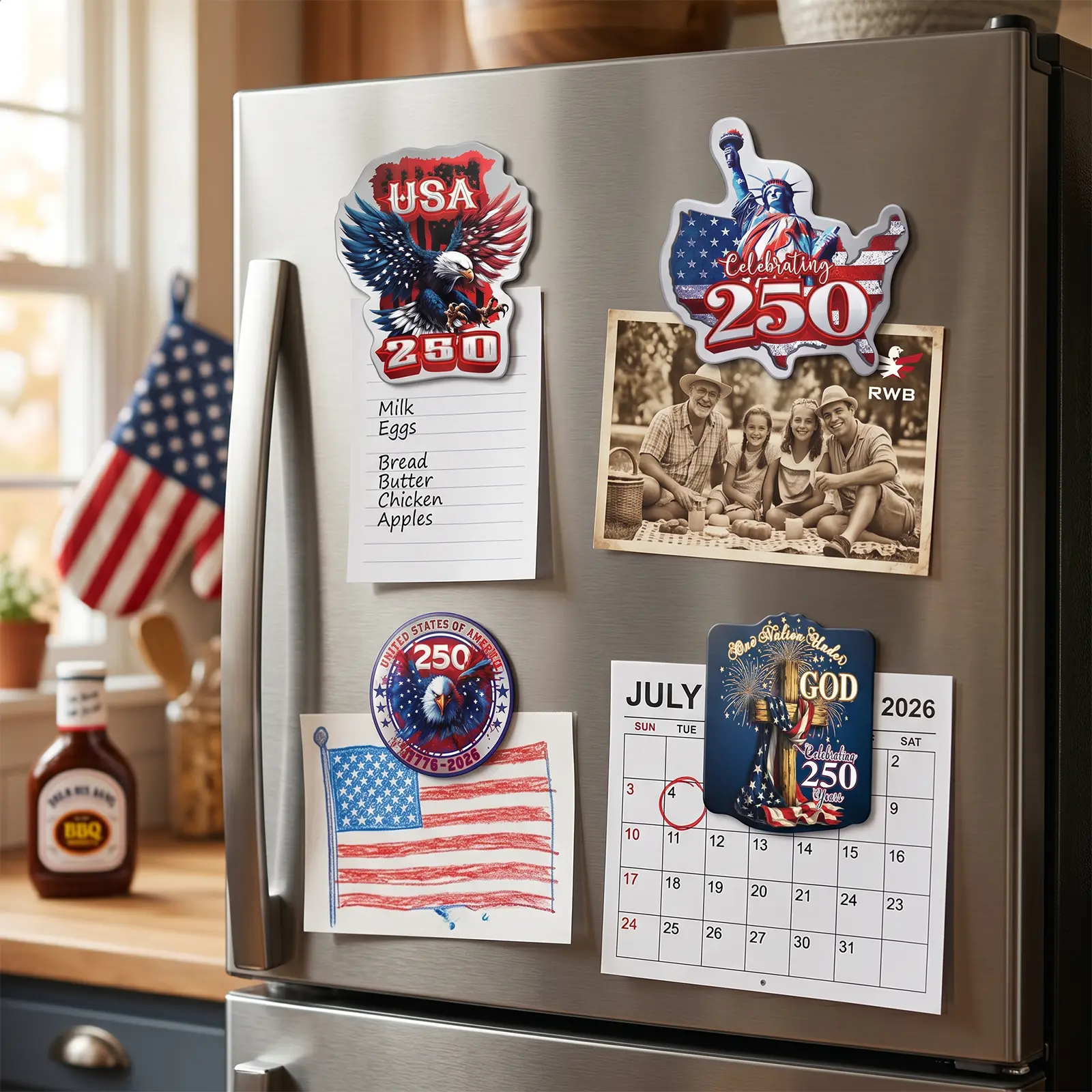 Fridge Magnets Car Magnets, America 250th Anniversary Patriotic Souvenir Gifts, USA 250 Memorabilia Decorative Magnets with American Flag, Liberty Bell, Bald Eagle, 50 States Design, Multipurpose Magnets for All Metal Surfaces Magnetic Decoration Artwork