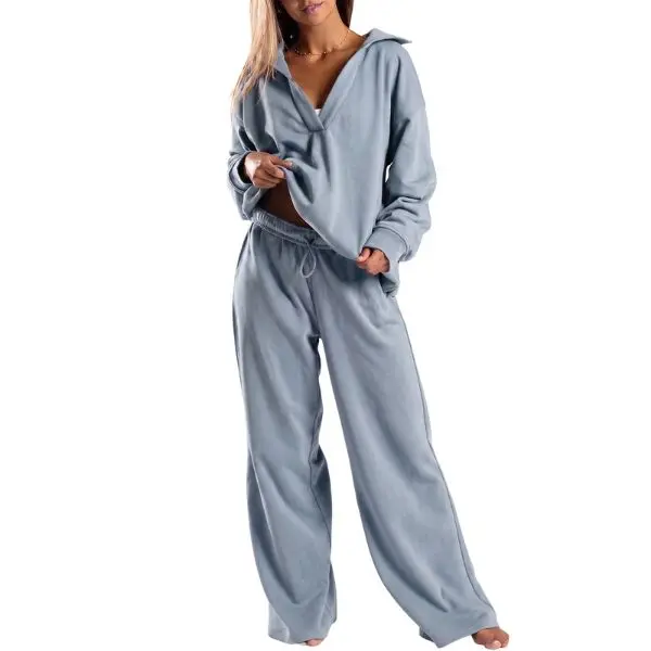 Fisoew Women's 2-Piece Fleece Oversized Clothing Set - Ribbed Polo Collar V-Neck Lightweight Long-Sleeve Breathable Sweatshirt, High-Waisted Drawstring Adjustable Wide Leg Casual Loungewear Pants