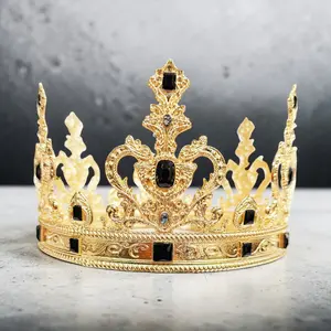 Regal Gold Crown with Black Crystal Accents Royal King Medieval Headpiece Renaissance Costume Headdress for Festive Events