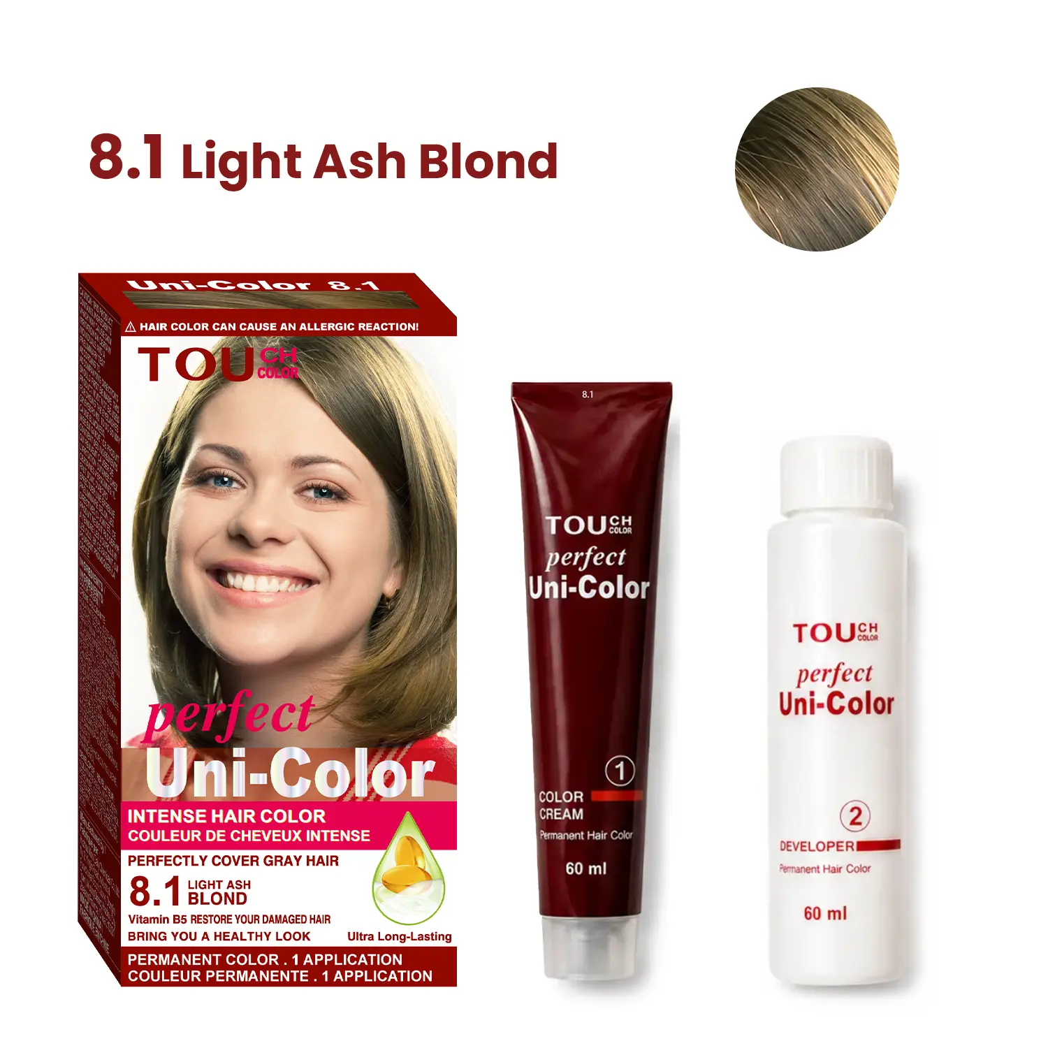 TOUCHCOLOR Perfect Uni-Color 8.1 Light Ash Blonde Permanent Hair Color Kit, 120 mL Cream Dye & Developer, 1:1 At-Home Hair Coloring, 1 Application