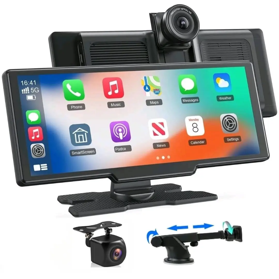 10.26" Wireless CarPlay Screen for Car with 1080P Front Dash Cam & 1080P Backup Camera, Portable Car Stereo with Android Auto, GPS Navigation, AirPlay & Mirror Link