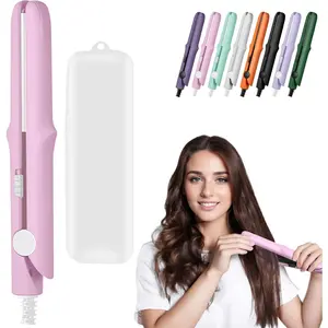 Omaky Upgraded 2-in-1 Mini Curling Wand Flat Iron Hair Straightener,Mini Dual Purpose Curling Flat Iron, Long-Lasting Portable Travel Curling Wand for Women Girls Short Hair, All Hair Types(Pink)