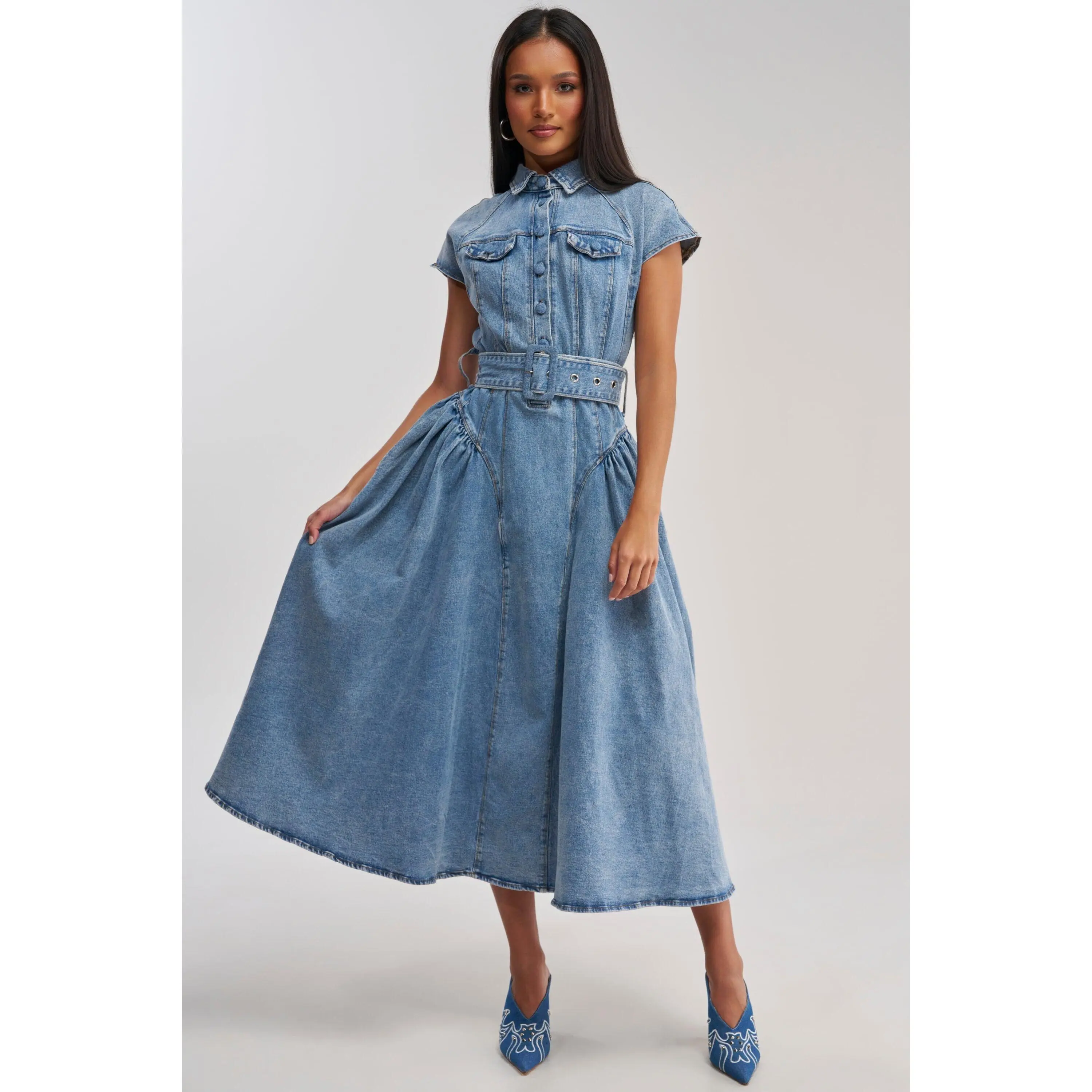MEET THE PARENTS BELTED DENIM MIDI DRESS