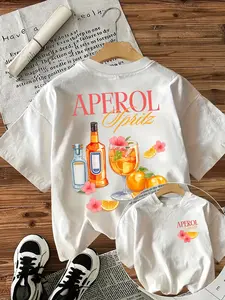 Aperol Spritz Cocktail Print Tee, Summer Vacation Casual Style Short Sleeve Top, Fitted Graphic T-Shirt for Men