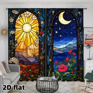 2D Flat 2Pcs Stained Glass Window Curtains Sun Moon Design Celestial Curtain Panel Day Night Pattern Tapestry Hanging Home Decor Floral Bohemian Style Light Filtering Drapes for Living Room Bedroom Treatment Easy to Clean Colorful