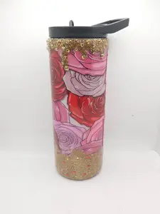 Pink/Pink Roses with Gold Drips Tumbler - 25 oz - Swap Lid - *Ready to Ship* Bottle Cup Drinkware Handmade