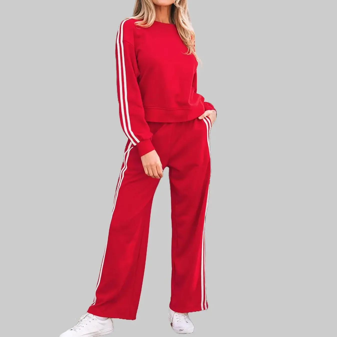 Women's 2-Piece Matching Activewear Set for Lady -Fiery Red Varsity Striped Crewneck Sweatshirt & Elastic Wide Leg Sweatpants 2 Piece Tracksuit, Women Casual Sport Outfit 65% Polyester 35% Cotton Daily Loungewear Set