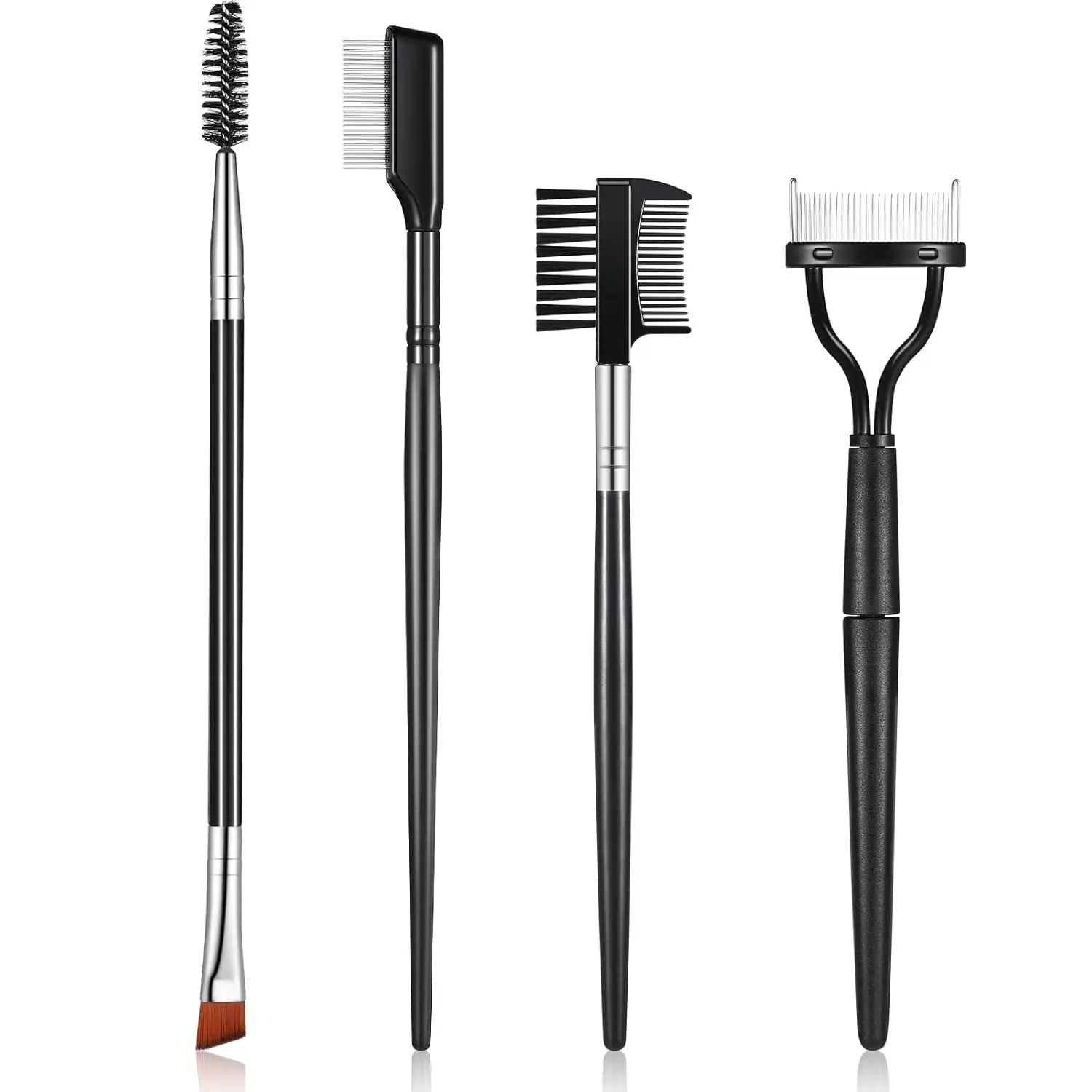 4-Piece Professional Cosmetic Eye Makeup Tools Set - Stainless Steel Black Double-Head Eyebrow Brush, Eyelash Separator, Brow Comb, Lash Spoolie, Folding Lash Comb
