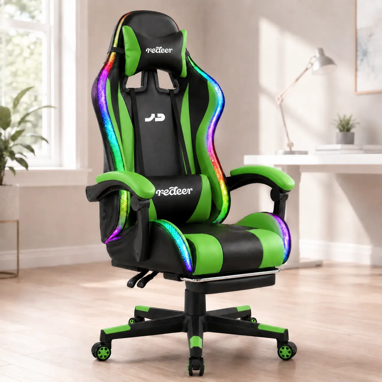 Redeer High Back RGB LED Gaming , Reclining Swivel Computer  with Footrest, Lumbar Pillow & Headrest chair all-terrain