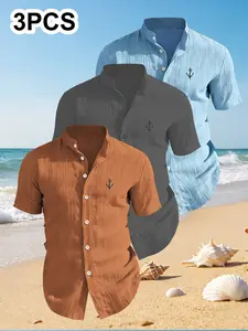 3-Pack Men's Summer Short Sleeve Casual Top Shirts, Chest Print Design, Lightweight Breathable Solid Stand Collar Button Shirt, Ideal for Beach Poolwear