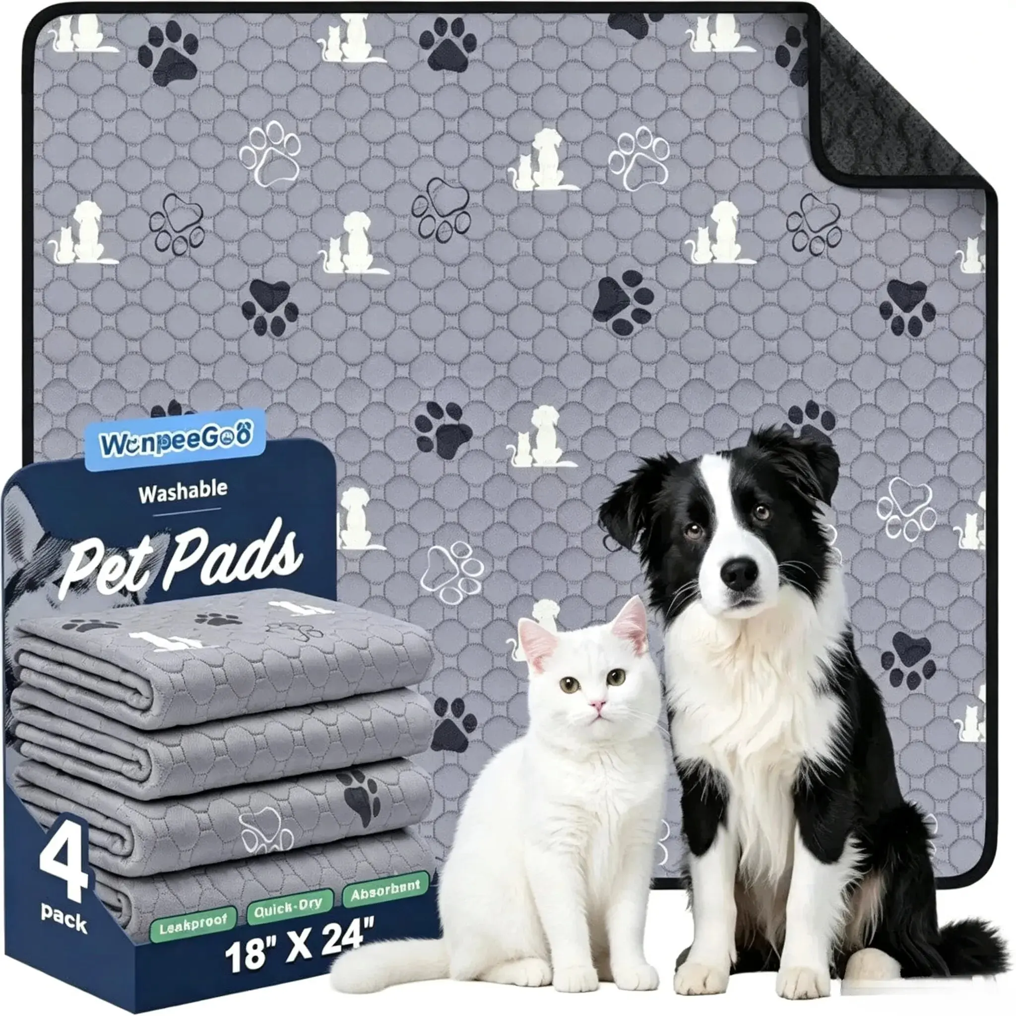 Washable Pee Pads for Dogs, 2 Pack Absorbent Reusable Training Dog Pads Pet Puppy Pads, Non-Slip Potty Pads for Whelping, Playpen, Crate, Bed, Grey 32"x41"