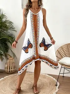 Women's Butterfly Print Sleeveless Dress, Casual Loose Fit Summer, Free-Spirited Style for Daily Wear, Womenswear
