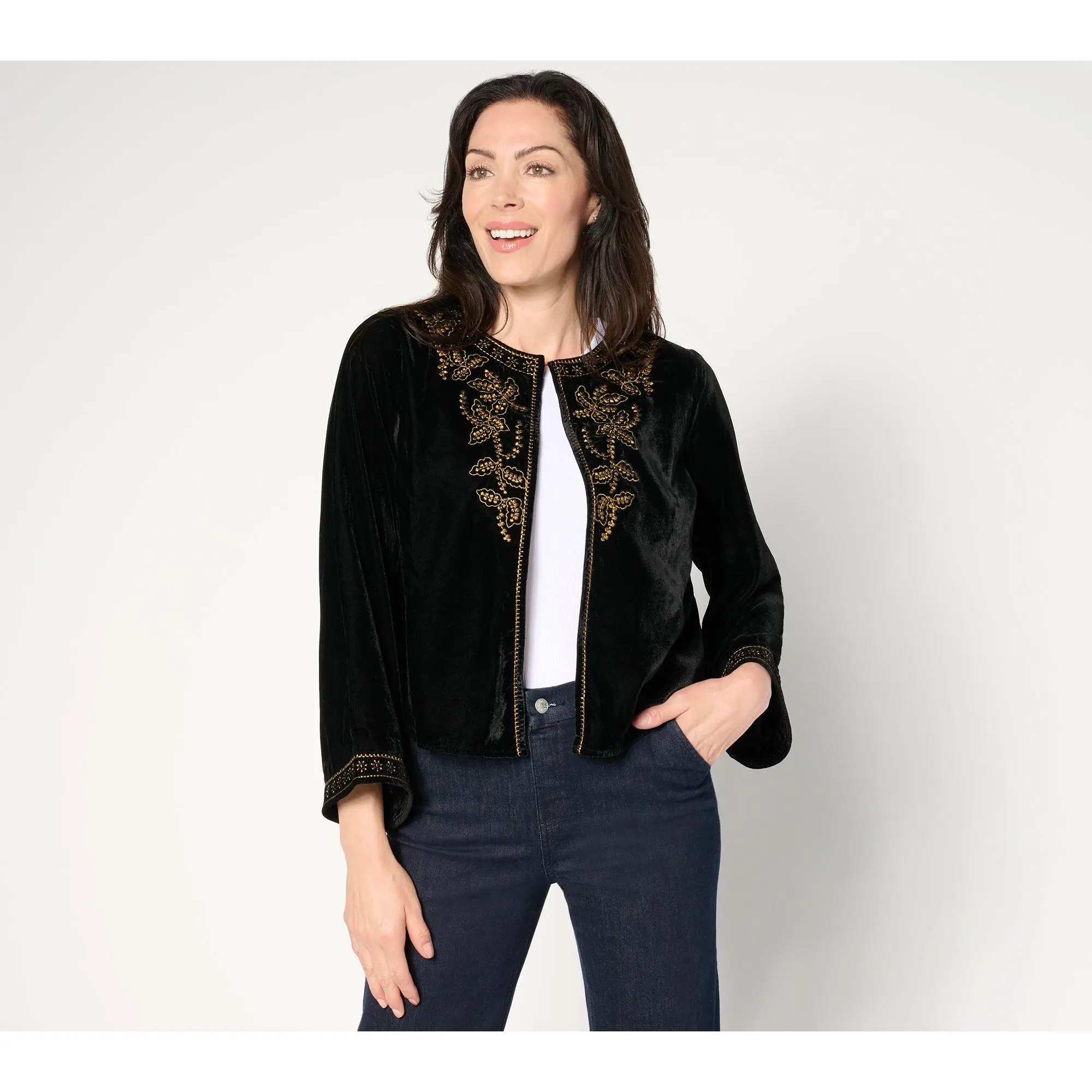 Destination 365 Embroidered Velvet Long Sleeve Topper