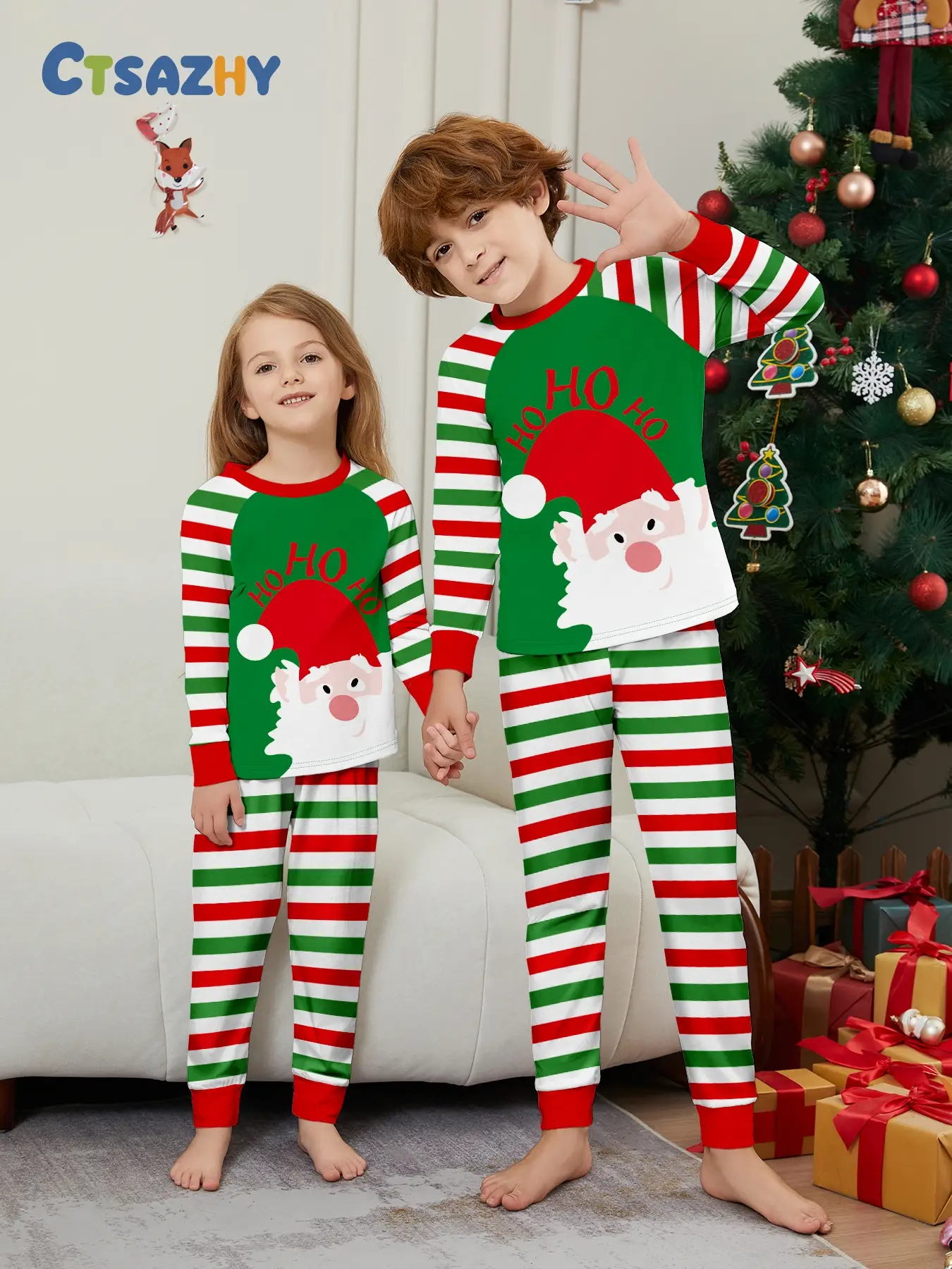 Christmas Kids Fireproof Pajamas Set, Santa Print Top & Striped Pants, Casual Fall Winter Home Wear, 2 Piece