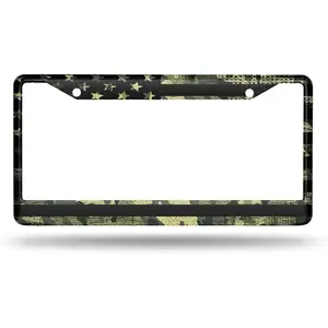 Decorative Green Camo Grunge Style American Flag Patriot Stars License Plate Frame for Car Truck Motorcycle, 2 Holes License Plates Holder, Auto Tag Frames, Men Women License Plates Tag