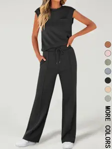 2 Piece Women's Sleeveless Casual Sports Set, Fashionable Wide Leg Athletic, Stylish Sportswear for Comfort, Athleisure Wear Set