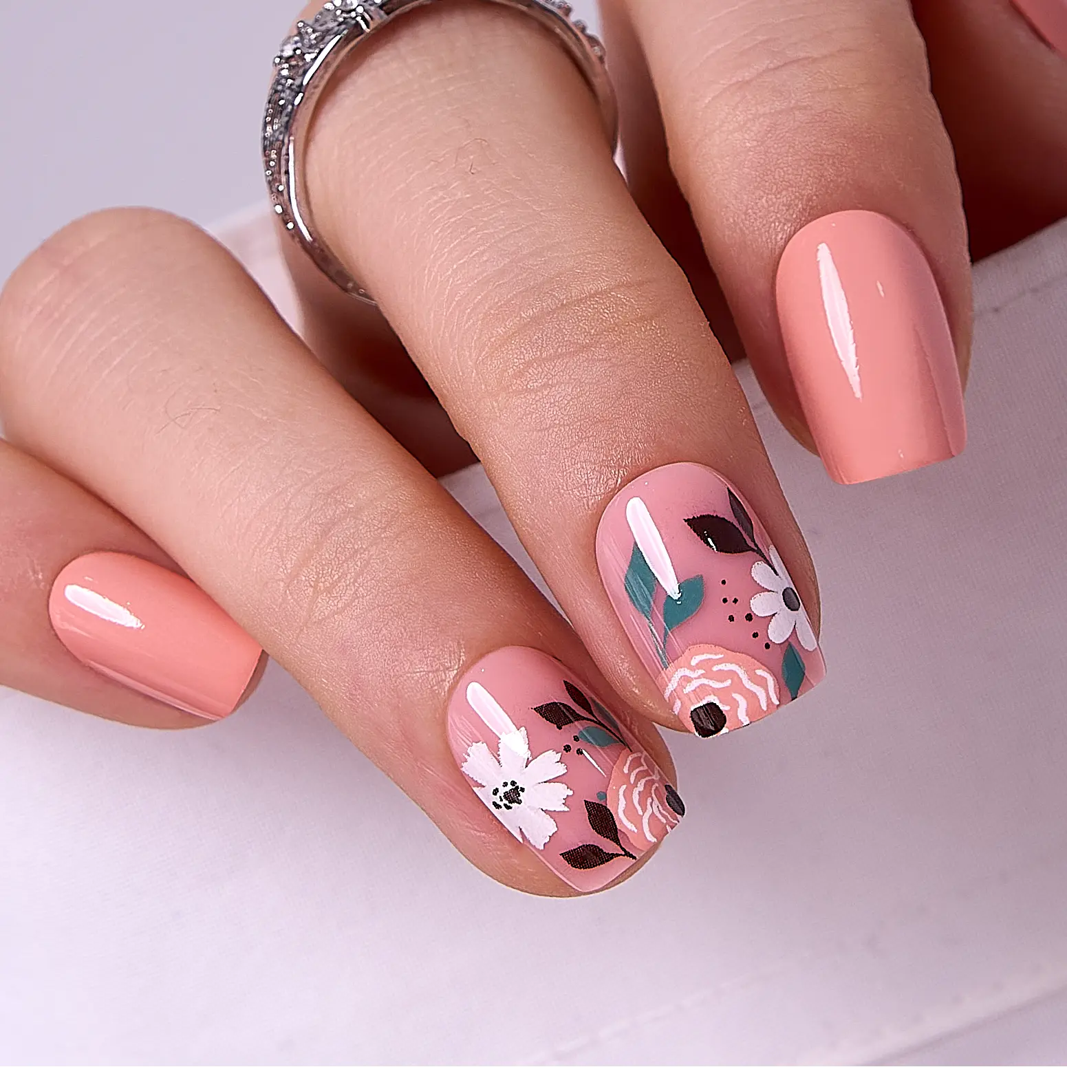 Floral Peach Press On Nails | CurvLife Nail | 24pcs Short Square Fake Nails | Hand-Painted Flower Design | Easy Apply, Comfortable Wear | Daily & Business Nail Art