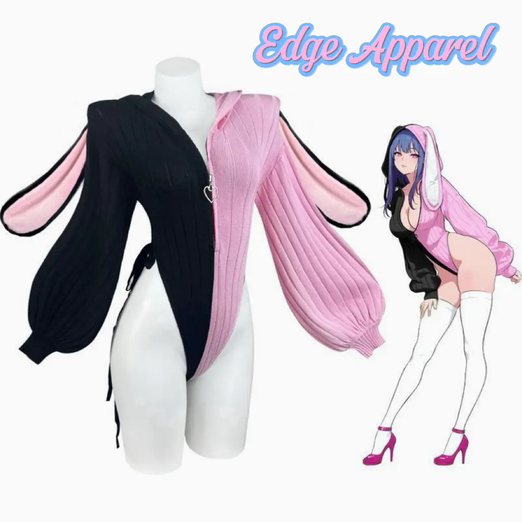 Women's Bunny Jumpsuit, Soft Knitted V-Neck Romper with Fuzzy Ears for Casual Everyday Streetwear and Fantasy Cosplay, Clothes, Accessories, Costume Ideas, Fitted