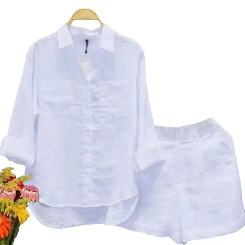 2Pcs Women's Casual Shirt and Shorts Set - Solid Color Loose Long Sleeves, Elastic Waist, Irregular Hem, Lapel Design - Perfect for Fall and Spring Outfits, Stylish and Comfortable for Everyday Wear