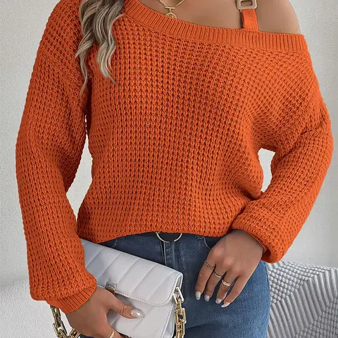 Women's Plain Asymmetrical Neck Metallic Buckle Knit Sweater, Asymmetrical Neckline, Casual Drop Shoulder Long Sleeve Fitted Jumper for Fall & Winter, Women's Knitwear for Daily Wear, Fashion Knitwear, Knitted Sweater, Tops, Womenswear, Lady, Knitting