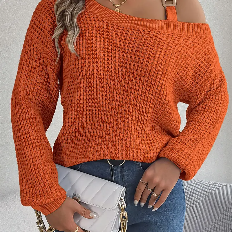 Women's Plain Asymmetrical Neck Metallic Buckle Knit Sweater, Asymmetrical Neckline, Casual Drop Shoulder Long Sleeve Fitted Jumper for Fall & Winter, Women's Knitwear for Daily Wear, Fashion Knitwear, Knitted Sweater, Tops, Womenswear, Lady, Knitting