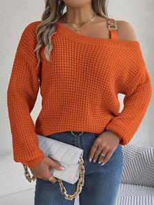 women's plain asymmetrical neck metallic buckle knit sweater, casual drop shoulder long sleeve jumper for fall & winter, women's knitwear for daily wear