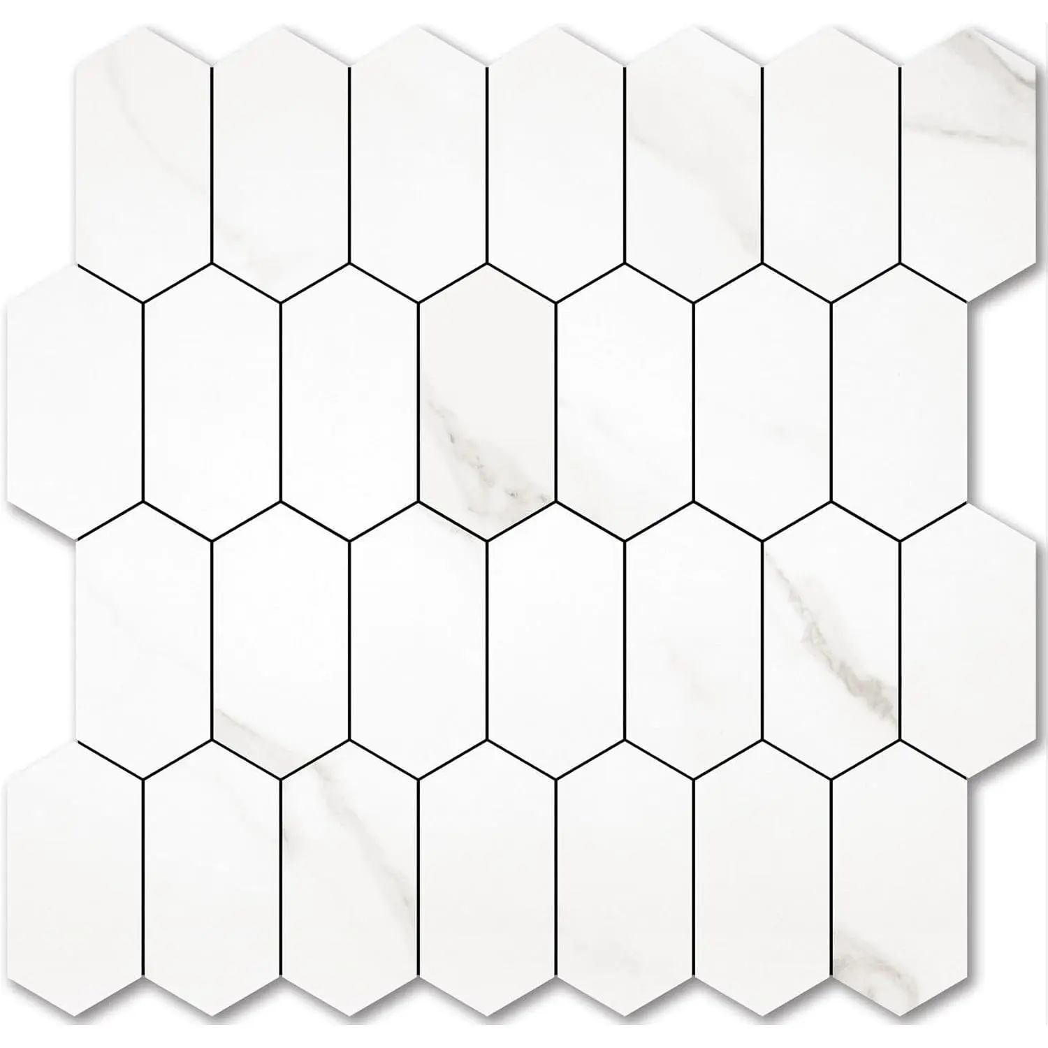 Long Hexagon Peel and Stick Backsplash  - 10 Sheets Stick on Backsplash for Kitchen and Bathroom 12.4 x 12 Inch White Marble Look PVC Self Adhesive Mosaic Wall s