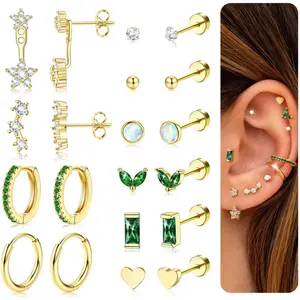 10 Pairs Spiral Piercing Jewelry Flat Back Earrings, Surgical Steel Tragus Earrings, Gold & Silver with Green Zircon, Conch & Daith Cartilage Piercing Jewelry, Hypoallergenic Stud & Hoop Set