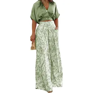 Summer 2 Piece Sets for Women Fashion Casual Short Sleeve V Neck Tops Matching Print Wide Leg Pants Set Business Suit